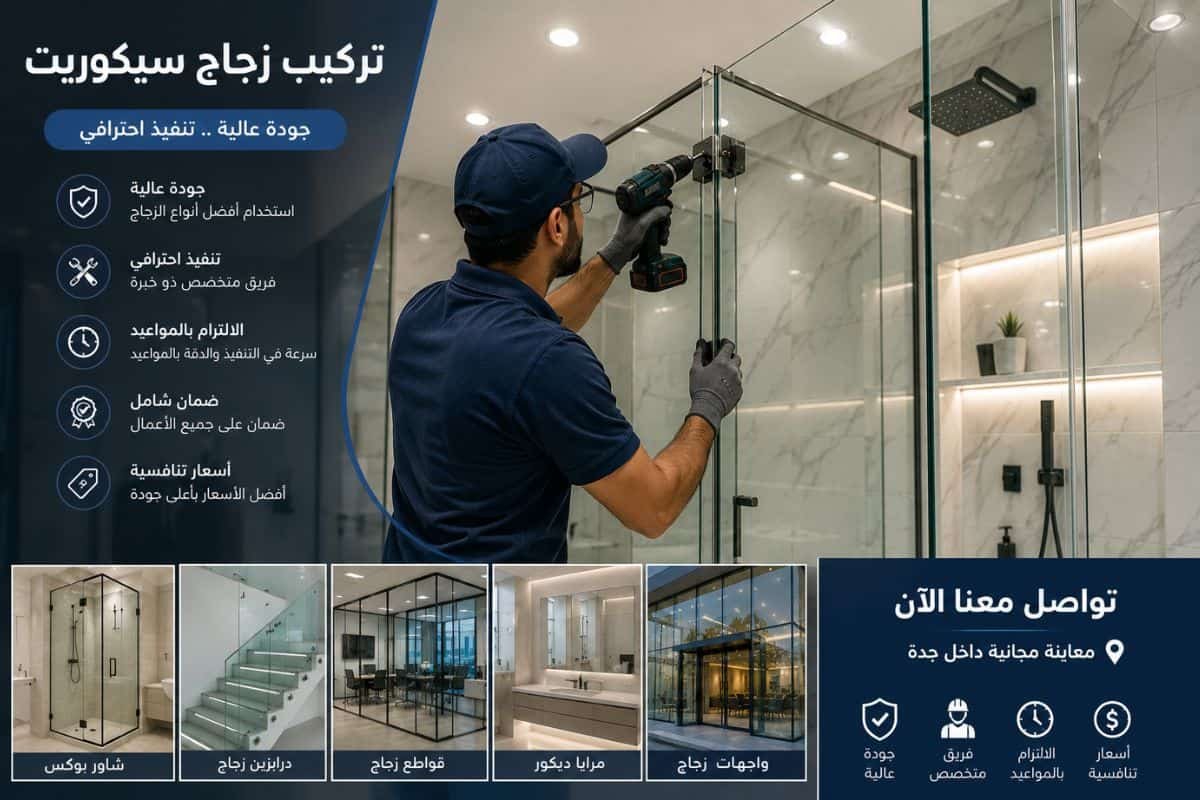 فني يركب زجاج سيكوريت عالي الجودة في داخل منزل بجدة، مع.